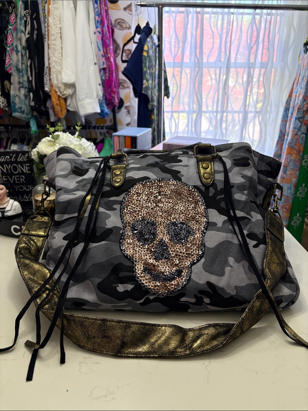 Me.N.U. Gray Camo Tote With Sequin Skull And Metallic Gold Accents